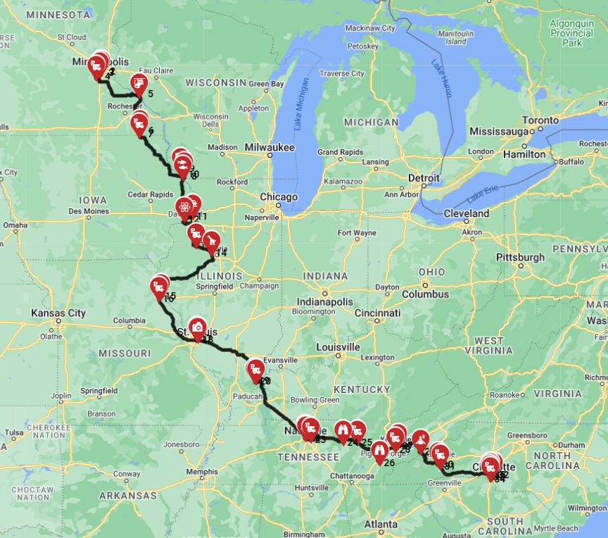 RV route plan for a motorhome trip from Minneapolis to Charlotte
